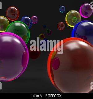 Illustrazione 3d astratta, forme geometriche. Sfere multicolore e il loro riflesso in prospettiva, sullo sfondo nero. Motivo di sfere piacevole Foto Stock