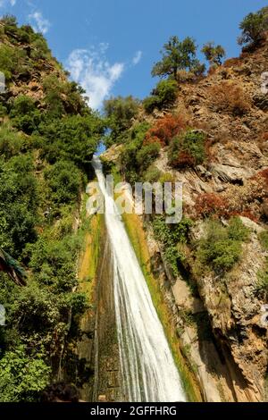 Una cascata scorre dalla cima delle montagne ricoperte di alberi ed erbe Foto Stock