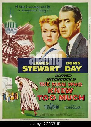Manifesto del film: L'uomo che ha conosciuto troppo è un film del thriller suspense americano del 1956 diretto da Alfred Hitchcock, con James Stewart e Doris Day. Foto Stock