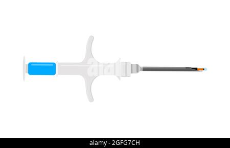 Siringa per microchipping per animali domestici con microchip. Strumento veterinario per la procedura di impianto di cane o gatto. Concetto di ID permanente per animali domestici. Illustrazione piatta vettoriale. Illustrazione Vettoriale