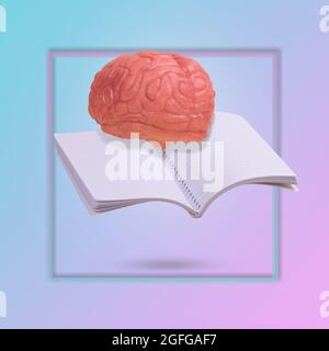 Idea creativa realizzata da un notebook e da un cervello umano che galleggia in aria su sfondo illuminato da un gradiente di colore blu e rosa con cornice. Min Foto Stock