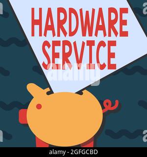 Didascalia concettuale hardware Service. Business showcase atto di supporto e manutenzione computer hardware Piggy Bank disegno con grande foglio di Foto Stock