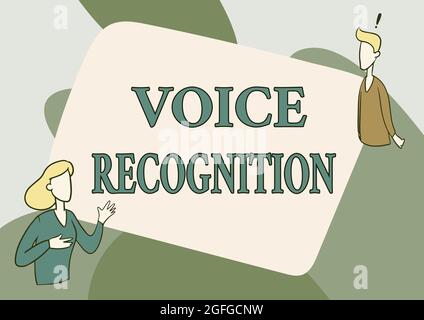 Riconoscimento vocale del segnale di scrittura a mano. Parola per il controllo di un sistema informatico da parte di una voce o voci Lady Illustration che ha una conversazione esplorativa Foto Stock