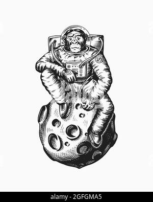 Astronauta scimmia seduto sulla luna. Scimpanzee spaceman cosmonaut. Carattere animale alla moda. Disegno a mano inciso vecchio schizzo monocromatico. Vettore Illustrazione Vettoriale