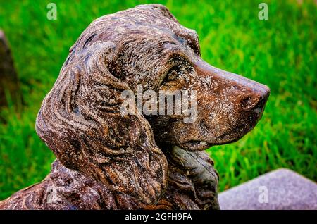 Una statua del cane si trova ai piedi di quattro tombe per bambini nella trama della famiglia Nott nel cimitero di Magnolia, 14 agosto 2021, a Mobile, Alabama. Foto Stock