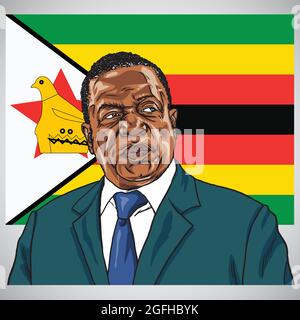 Emmerson Mnangagwa il presidente dello Zimbabwe con la bandiera dello Zimbabwe sfondo. Illustrazione vettoriale della caricatura verticale. Harare, 9 dicembre 2017 Illustrazione Vettoriale