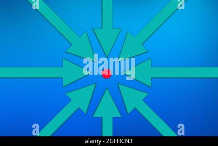Frecce che vanno al cerchio bersaglio rosso su sfondo blu. Illustrazione 3d. Gruppo di freccia andare alla stessa direzione o obiettivo. Concetto di concorrenza Foto Stock