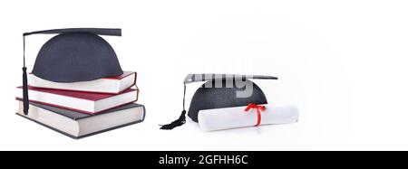 cappello per studenti su libri e diploma su sfondo bianco Foto Stock
