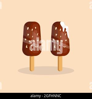 gelato al cioccolato con i morsi e senza morsi. disegno vettoriale icona Illustrazione Vettoriale