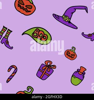 Vector Seamless Doodle Halloween pattern colorful cartoon clipart, simboli mano disegna Banners per annuncio, web, party Illustrazione Vettoriale