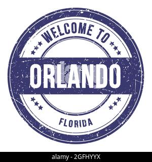 BENVENUTI A ORLANDO - FLORIDA, parole scritte sul francobollo tondo blu Foto Stock