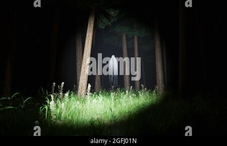 Fantasma illuminato da una lanterna in una foresta misteriosa con nebbia di notte. Concetto di Halloween. Orrore, apparizione, esplorazione notturna e paura. rendering 3d Foto Stock