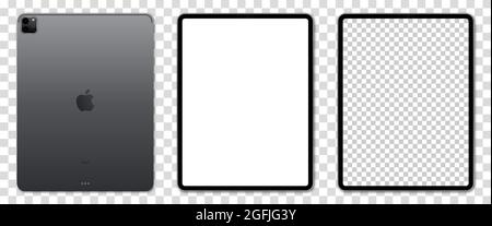 Vinnytsia, Ucraina - 25 agosto 2021. Nuovo iPad Pro di Apple Inc. Schermo di Mockup iPad Pro lato anteriore e posteriore tablet. Illustrazione vettoriale isolata su tr Illustrazione Vettoriale