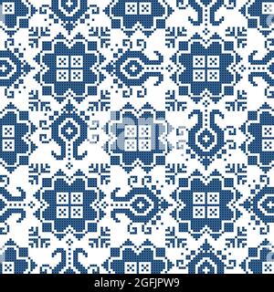 Zmijanje retrò ricamo stile vettore senza cuciture modello con fiori - tradizionale arte popolare design dalla Bosnia Erzegovina Illustrazione Vettoriale