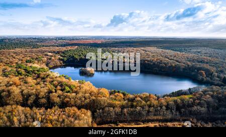 Foresta di Rennes (Francia nord-occidentale): Vista aerea dello stagno “etang du Compte” a Liffre in autunno Foto Stock