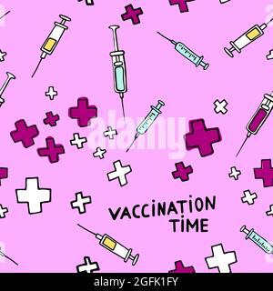 Tempo per la vaccinazione. Modello medico a colori senza cuciture. Influenza, altre malattie, coronavirus, prevenzione delle malattie, assistenza sanitaria. Immagine vettoriale con phar Illustrazione Vettoriale