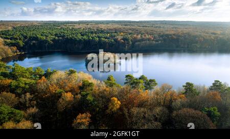 Foresta di Rennes (Francia nord-occidentale): Vista aerea dello stagno “etang du Compte” a Liffre in autunno Foto Stock