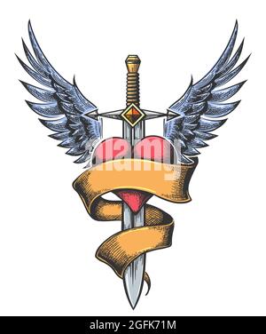 Spada alata con cuore e banner tatuaggio colorato isolato su bianco. Illustrazione vettoriale. Illustrazione Vettoriale