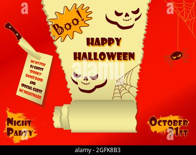 Buon poster del partito di Halloween con carta tirata realistica ragno tipografico del rotolo e spottatura su uno sfondo rosso Illustrazione Vettoriale