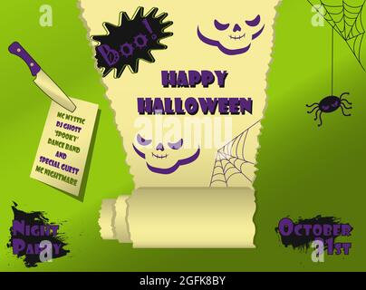 Buon poster del partito di Halloween con carta tirata realistica ragno tipografico del rotolo e spottatura su uno sfondo verde Illustrazione Vettoriale