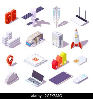 serie di icone isometriche della rete cellulare 5g, illustrazione isolata dal vettore. Accesso wireless a Internet ad alta velocità. Illustrazione Vettoriale