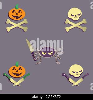 Clipart con i personaggi malvagi di Halloween spottano ragno di zucca Illustrazione Vettoriale