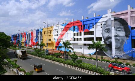 Il più grande murale panoramico dell'India, la stazione ferroviaria Indira Nagar, Chennai, Tamilnadu, India Foto Stock