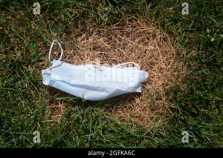 Una maschera scartata sull'erba di una strada a Whitestone, Queens, New York City. Foto Stock