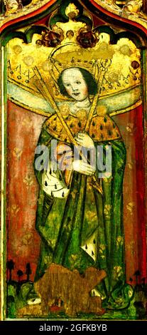 Occhio, Suffolk, pittura di schermo di Rood medievale, Saint Edmund, San santi, tenendo frecce, Inghilterra, UK Foto Stock