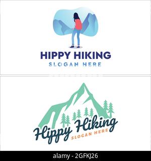 Illustrazione vettore montagna e donna che porta uno zaino logo design Illustrazione Vettoriale
