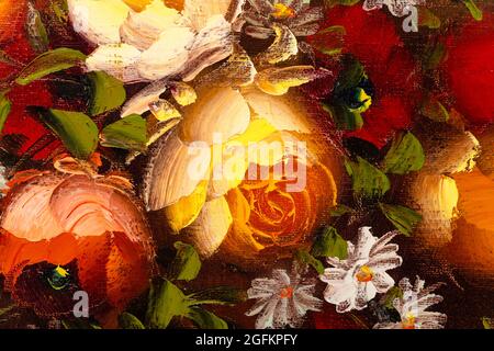 Chiusura di frammento di pittura ad olio raffigurante la vita morta di fiori in vaso. Pittura di impasto macro. Foto Stock