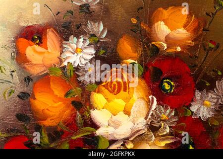 Chiusura di frammento di pittura ad olio raffigurante la vita morta di fiori in vaso. Pittura di impasto macro. Foto Stock