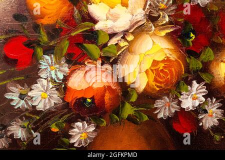 Chiusura di frammento di pittura ad olio raffigurante la vita morta di fiori in vaso. Pittura di impasto macro. Foto Stock