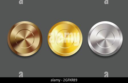 Modelli vettoriali vuoti in rilievo con bisellature per medaglie di premi, monete, cartellini dei prezzi, sport, bottoni per cucire, pulsanti, icone o medaglie Illustrazione Vettoriale