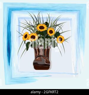 Bouquet di girasoli nella vecchia scarpa. Illustrazione disegnata a mano con cornice color acquerello blu. Fiori d'autunno nel vaso. Illustrazione Vettoriale