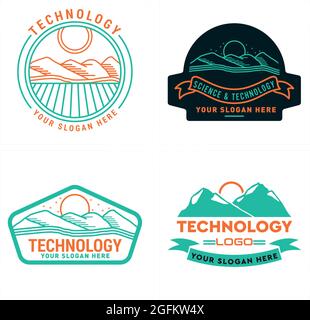 Tecnologia della scienza con il sole di montagna e la linea di terra del campo del logo victor Illustrazione Vettoriale