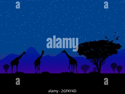 giraffe stan sull'erba nella foresta con sfondo luna di notte grafica disegno vettoriale illustrazione Illustrazione Vettoriale