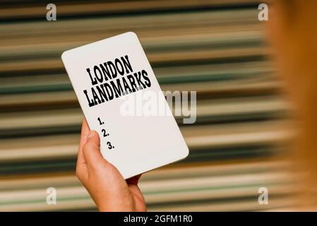 Cartello con la scritta London Landmarks. Internet Concept i punti di riferimento più iconici e mustsee London Attractions Voice and Video Calling Foto Stock