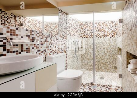 All'interno di un bagno moderno decorato con piastrelle marroni e con una grande cabina doccia Foto Stock