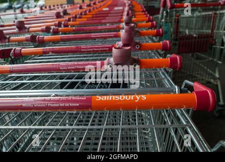 Taplow, Buckinghamshire, Regno Unito. 26 agosto 2021. I tram per lo shopping di Sainsbury. Sainsbury's Supermarket aveva una buona scorta di cibo nel loro negozio oggi. Alcune linee sono ancora influenzate da problemi della catena di approvvigionamento, tra cui acqua in bottiglia, alimenti per gatti e contenitori. Una carenza di conducenti di veicoli pesanti nel Regno Unito sta influendo sulle catene di fornitura dei supermercati. Credit: Maureen McLean/Alamy Live News Foto Stock