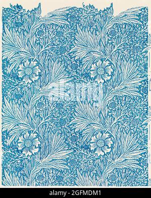 Stampa artistica da parete con illustrazioni blu calendula e remix di poster da opere di William Morris. Foto Stock