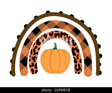 Arcobaleno colorato d'autunno con zucca e grumberjack, motivo leopardo - buono per decorazione di Ringraziamento o Halloween, poster, biglietto d'auguri, banner, te Illustrazione Vettoriale
