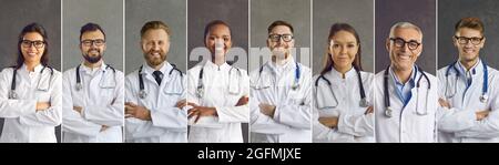 Sfondo banner con ritratti di un team di infermieri e medici sorridenti e felici Foto Stock