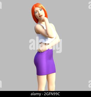 Illustrazione del rendering isolato in 3d di una ragazza adolescente rossa con gonna viola e canotta bianca su sfondo grigio. Foto Stock