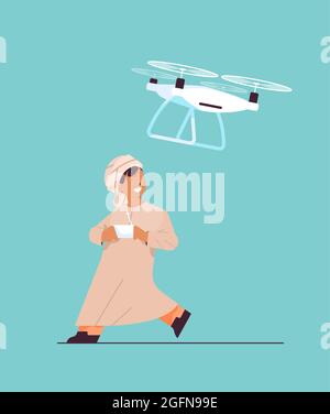 scuola araba che controlla il drone aereo con telecomando wireless sorridendo ragazzo divertirsi Illustrazione Vettoriale