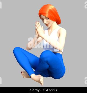 Illustrazione di rendering 3D isolato di ragazza adolescente yoga redheaded in pantaloni blu e canotta bianca seduta in meditazione posa su sfondo grigio, lato vi Foto Stock