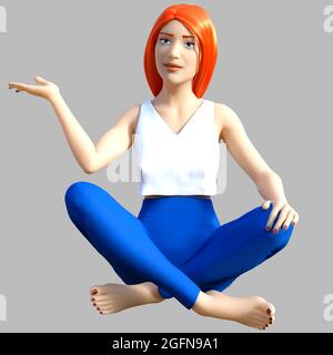 Illustrazione di rendering 3D isolato di ragazza adolescente yoga redheaded in pantaloni blu e canotta bianca seduta con gesture a mano su sfondo grigio. Foto Stock