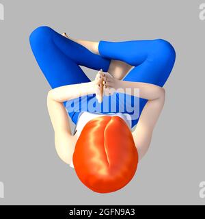 Illustrazione di rendering 3D isolato di ragazza adolescente yoga redheaded in pantaloni blu e canotta bianca seduta in meditazione posa su sfondo grigio, parte superiore v Foto Stock