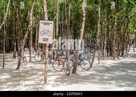 COBA, MESSICO - 1 MARZO 2016: Noleggio biciclette alle rovine della città Maya Coba, Messico Foto Stock