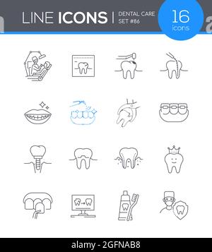 Cura dentale - linea moderna design stile set di icone. Cavità orale corretta cura compilazione. Bel sorriso, bretelle, carie, controllo delle condizioni dei denti, dolore Illustrazione Vettoriale